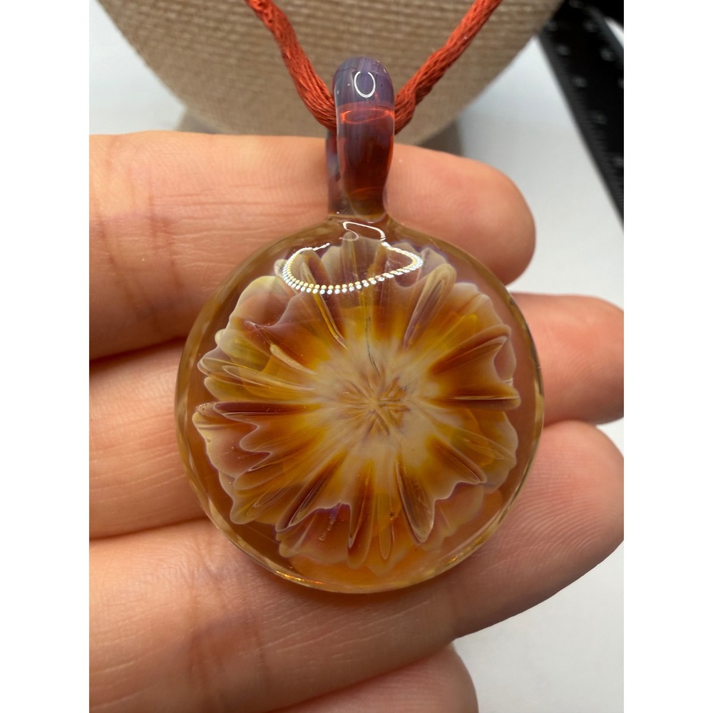 Handmade Borosilicate Glass Implosion Flowerโ Pendant Necklace Amber Orange